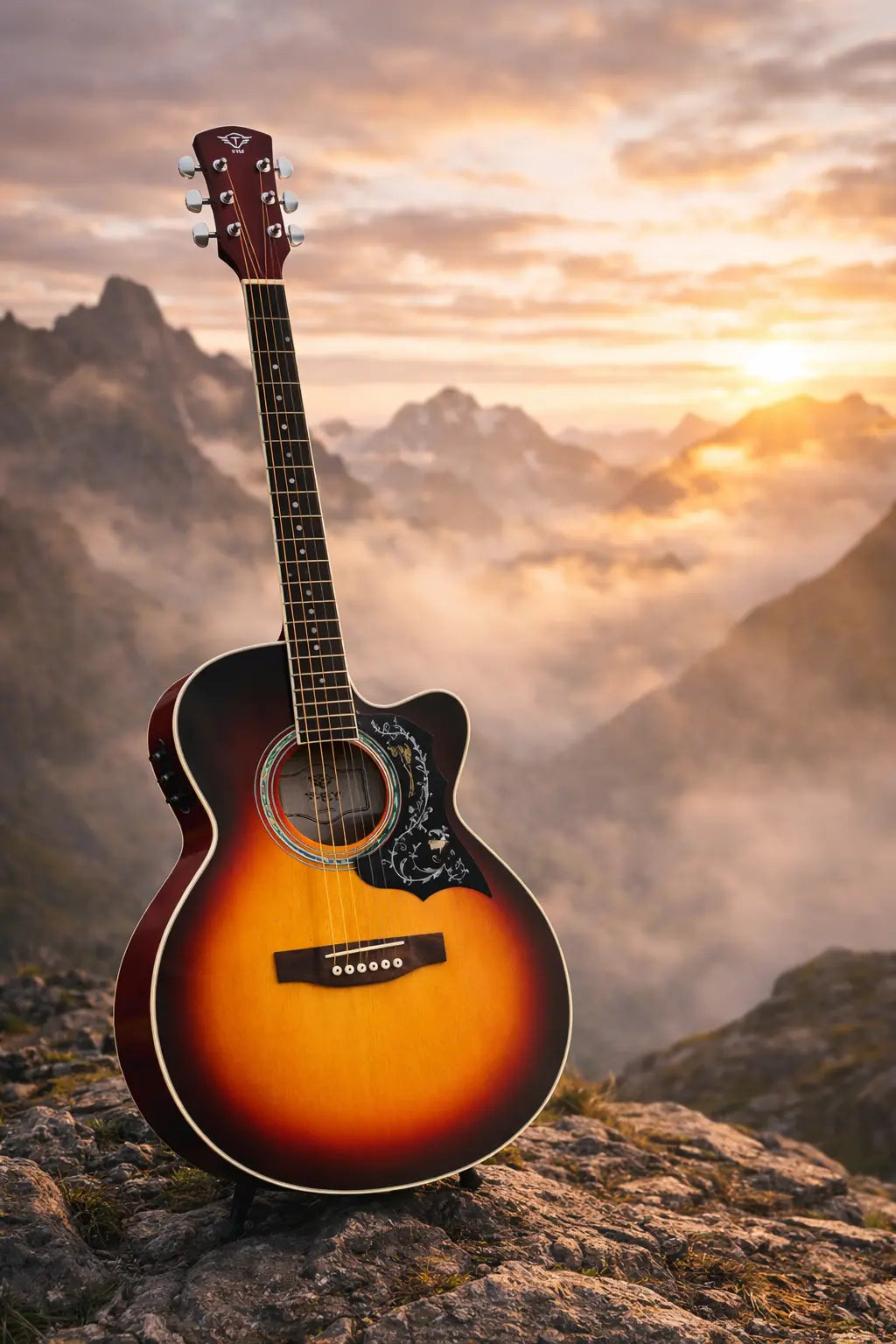TFLY Semi-Acoustic Guitar Sunburst Finish with 3-Band EQ & Tuner - Cutaway Design