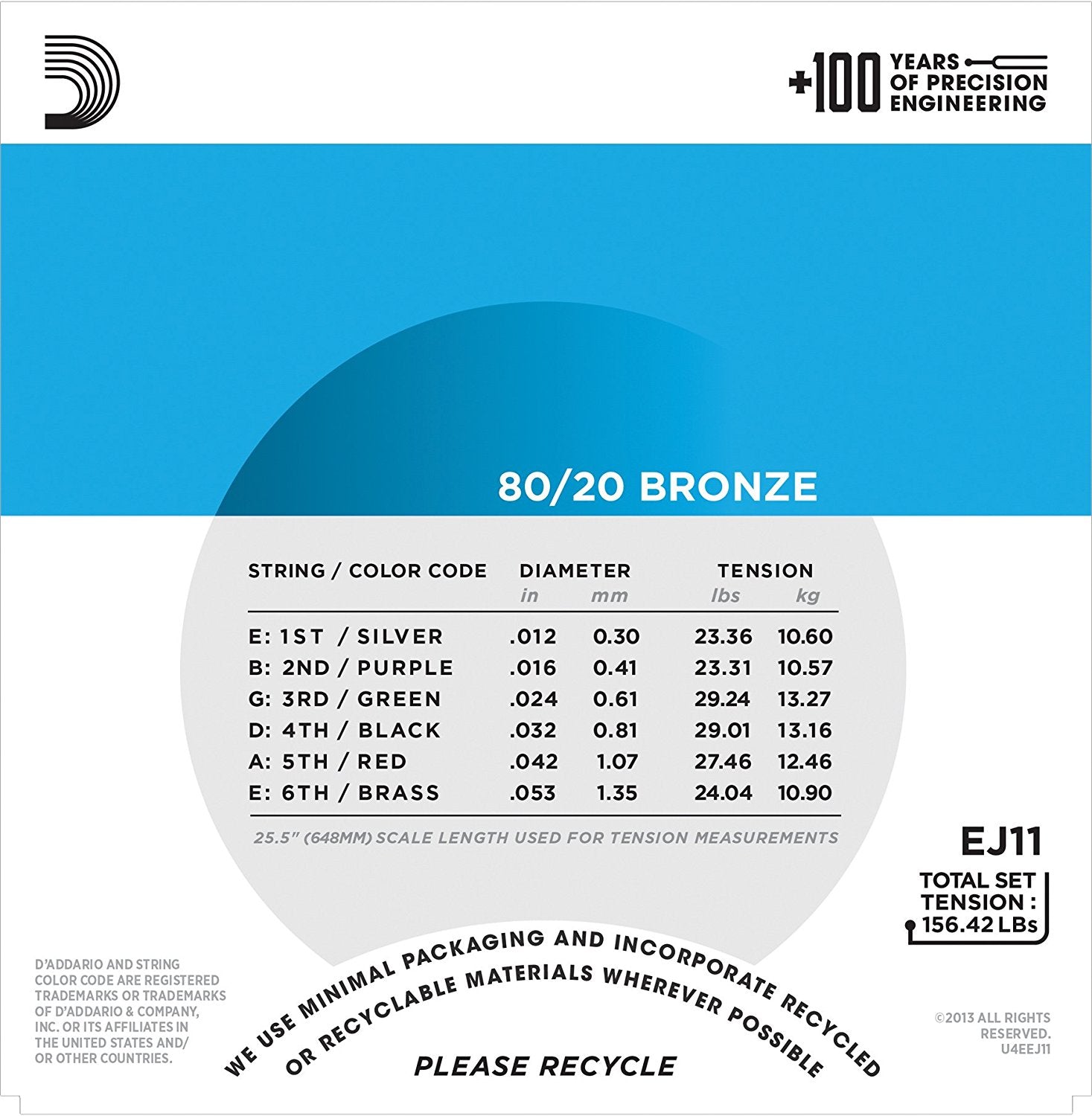 D'Addario EJ11 80/20 Bronze Light Acoustic Guitar Strings